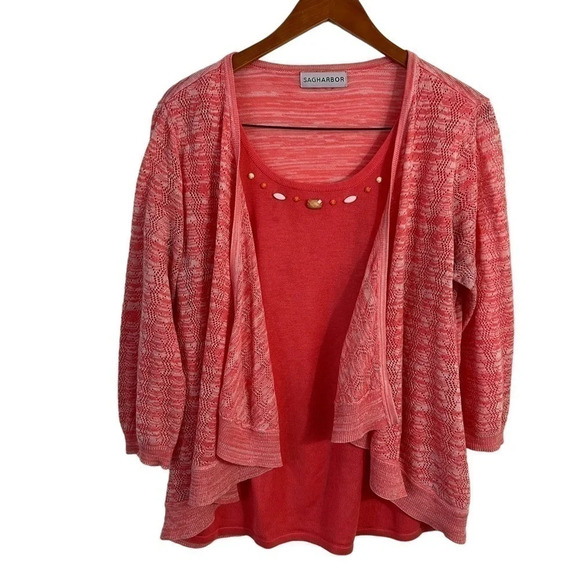 Sag Harbor Pink Layered Top Beaded Neck 3/4 Sleeve Knit Round Neck Pullover - Picture 1 of 8